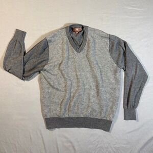 Toscano Mens Medium Merino Wool Blend V Neck Sweater Gray Houndstooth
